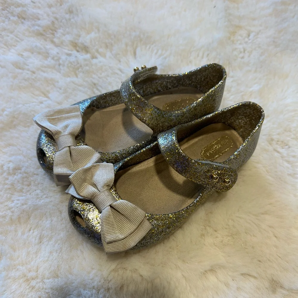 Mini Melissa Ultragirl Glittery Gold Mary Jane Shoes Beige Bow Toddler 8